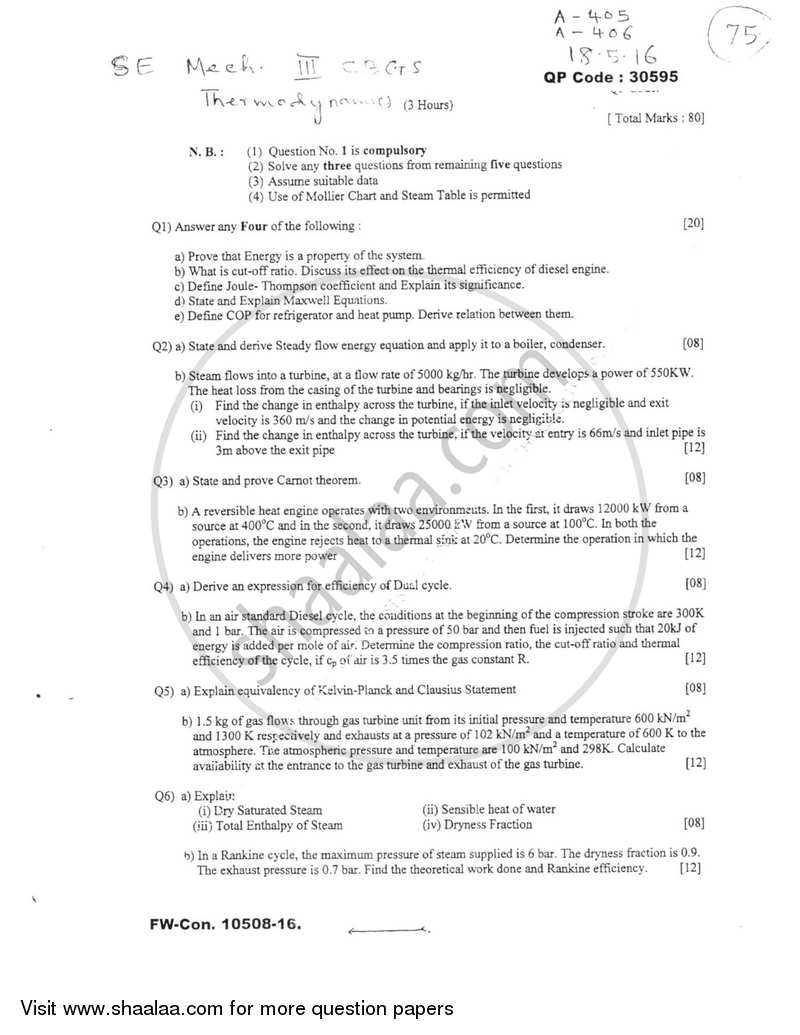 Thermodynamics 2015-2016 - B.E. - Semester 3 (SE Second Year) - University of Mumbai question paper with PDF download