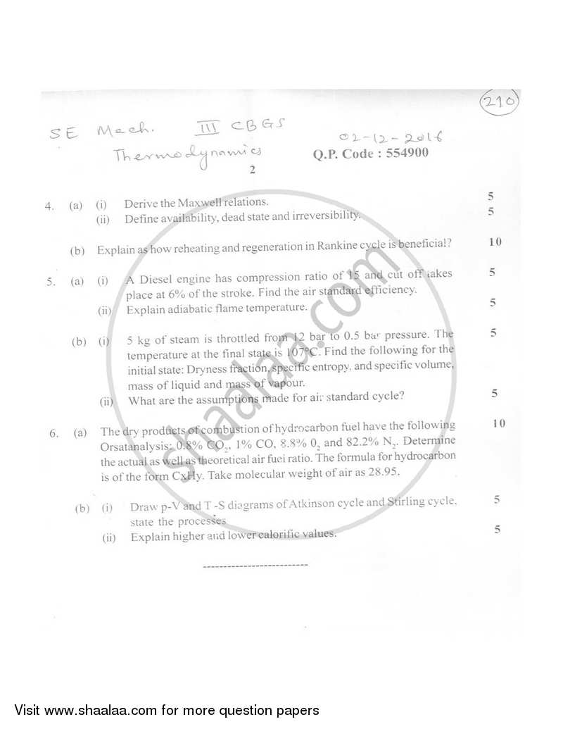 Thermodynamics 2016-2017 - B.E. - Semester 3 (SE Second Year) - University of Mumbai question paper with PDF download