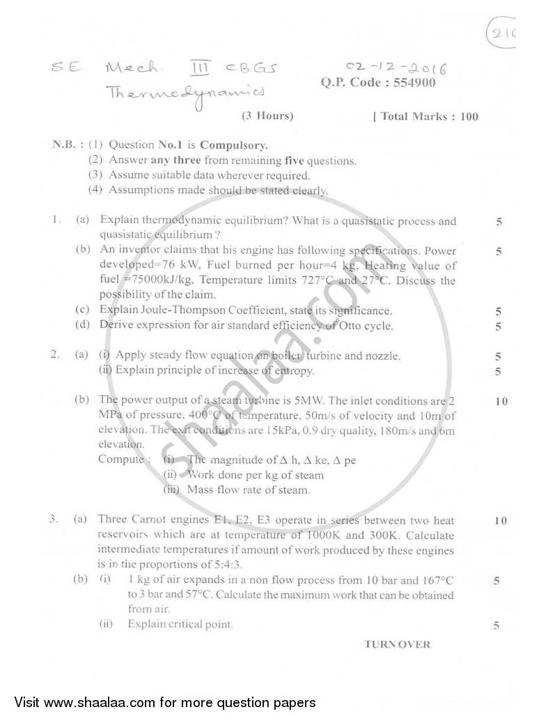 Thermodynamics 2016-2017 - B.E. - Semester 3 (SE Second Year) - University of Mumbai question paper with PDF download
