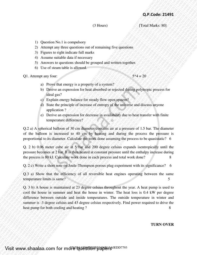 Thermodynamics 2017-2018 - B.E. - Semester 3 (SE Second Year) - University of Mumbai question paper with PDF download