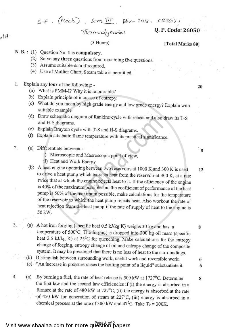 Thermodynamics 2017-2018 - B.E. - Semester 3 (SE Second Year) - University of Mumbai question paper with PDF download