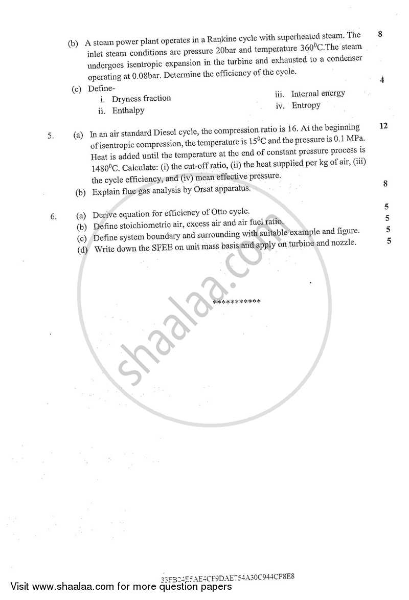 Thermodynamics 2017-2018 - B.E. - Semester 3 (SE Second Year) - University of Mumbai question paper with PDF download