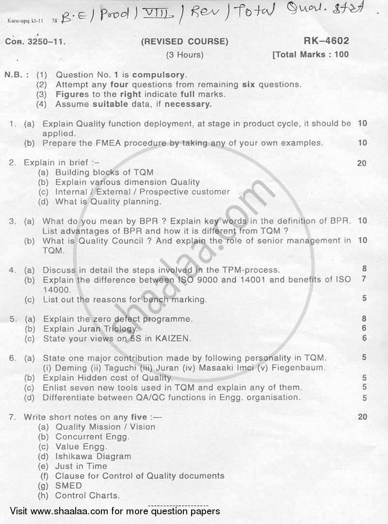Total Quality Strategy 2010-2011 - B.E. - Semester 8 (BE Fourth Year) - University of Mumbai question paper with PDF download