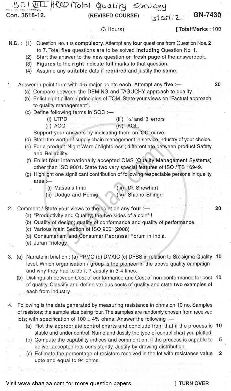 Total Quality Strategy 2011-2012 - B.E. - Semester 8 (BE Fourth Year) - University of Mumbai question paper with PDF download