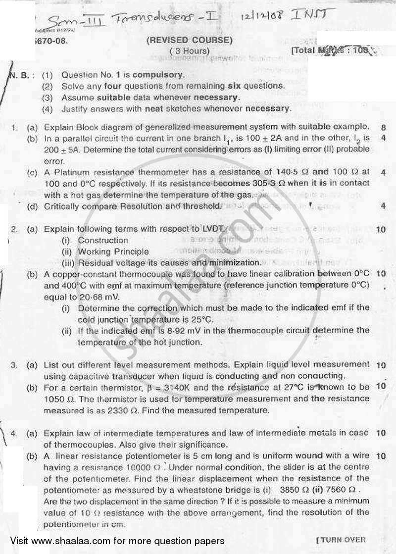Transducers 1 2008-2009 - B.E. - Semester 3 (SE Second Year) - University of Mumbai question paper with PDF download