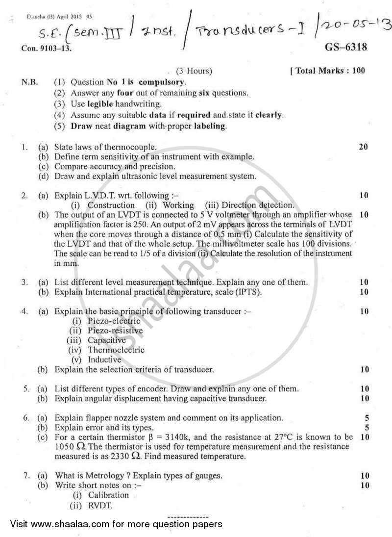 Transducers 1 2012-2013 - B.E. - Semester 3 (SE Second Year) - University of Mumbai question paper with PDF download