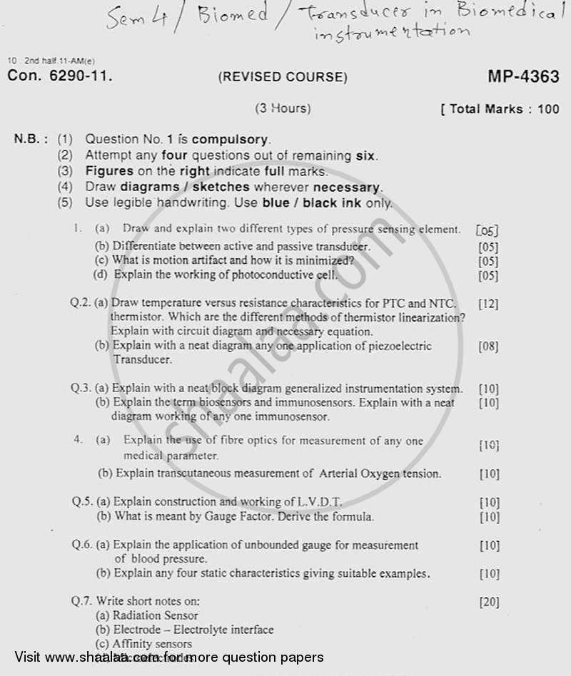 Transducers in Biomedical Instrumentation 2011-2012 - B.E. - Semester 4 (SE Second Year) - University of Mumbai question paper with PDF download