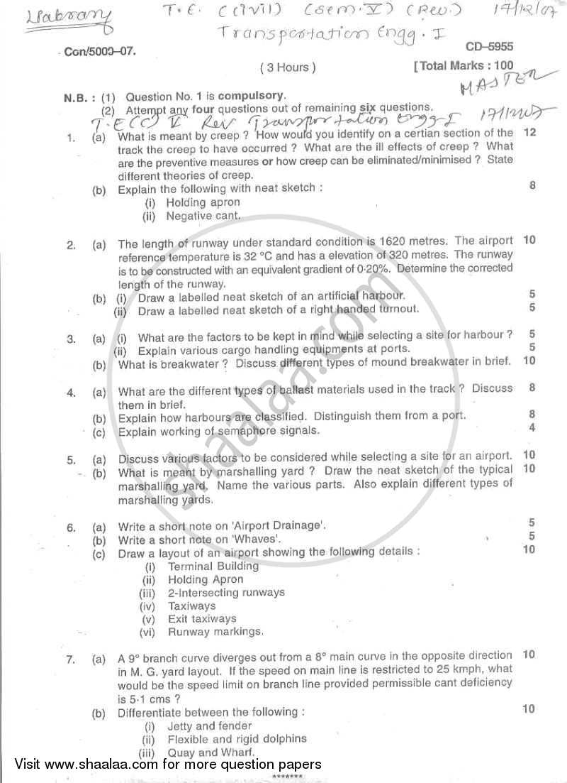 Transportation Engineering 1 2007-2008 - B.E. - Semester 5 (TE Third Year) - University of Mumbai question paper with PDF download