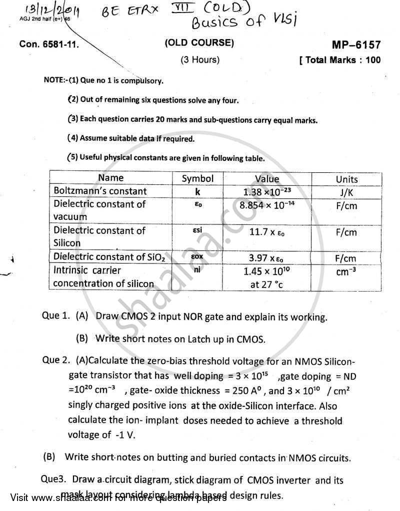 Vlsi Design 2011-2012 - B.E. - Semester 7 (BE Fourth Year) - University of Mumbai question paper with PDF download