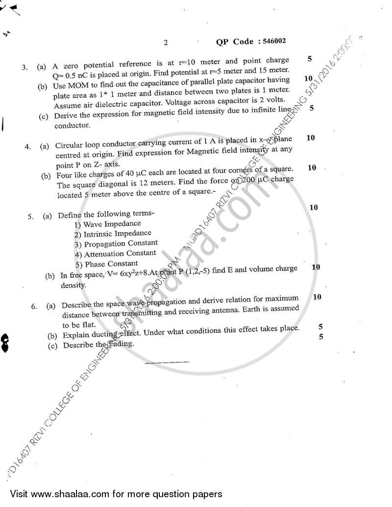 Wave Theory and Propagation 2015-2016 - B.E. - Semester 4 (SE Second Year) - University of Mumbai question paper with PDF download