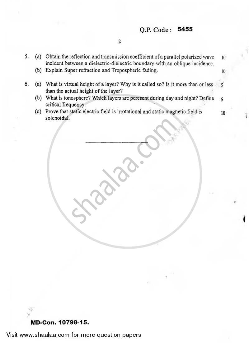 Wave Theory and Propagation 2015-2016 - B.E. - Semester 4 (SE Second Year) - University of Mumbai question paper with PDF download