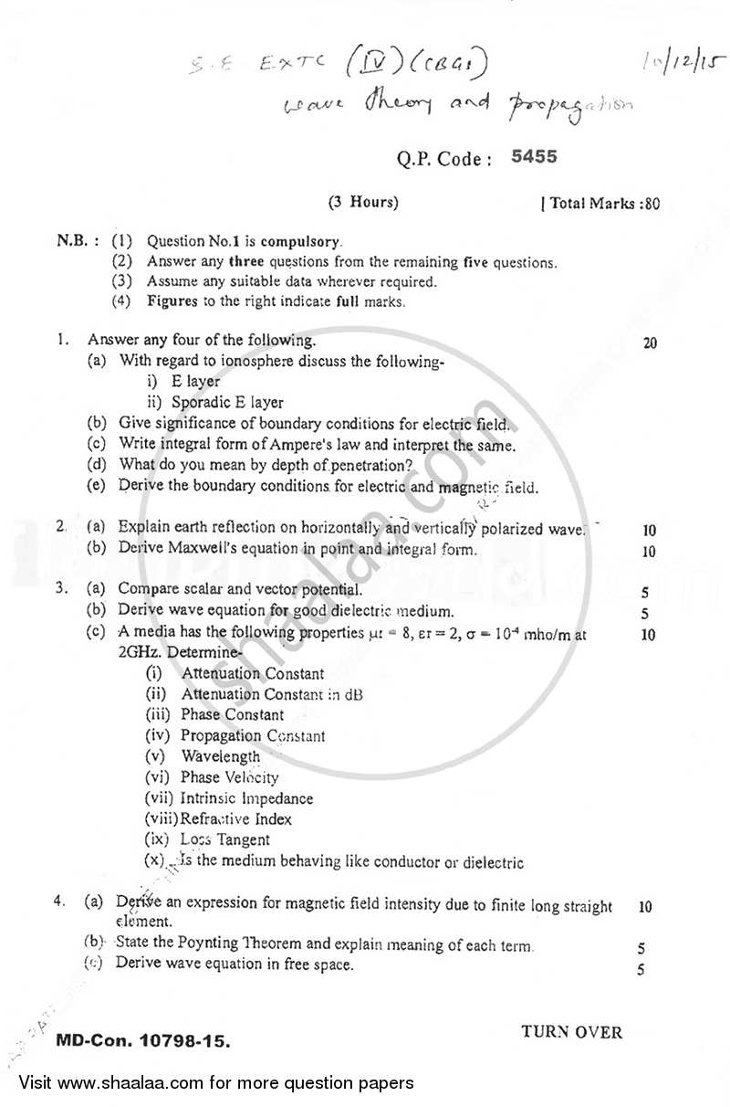 Wave Theory and Propagation 2015-2016 - B.E. - Semester 4 (SE Second Year) - University of Mumbai question paper with PDF download