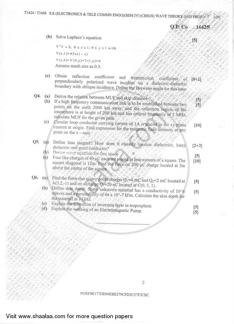 Wave Theory and Propagation 2016-2017 - B.E. - Semester 4 (SE Second Year) - University of Mumbai question paper with PDF download