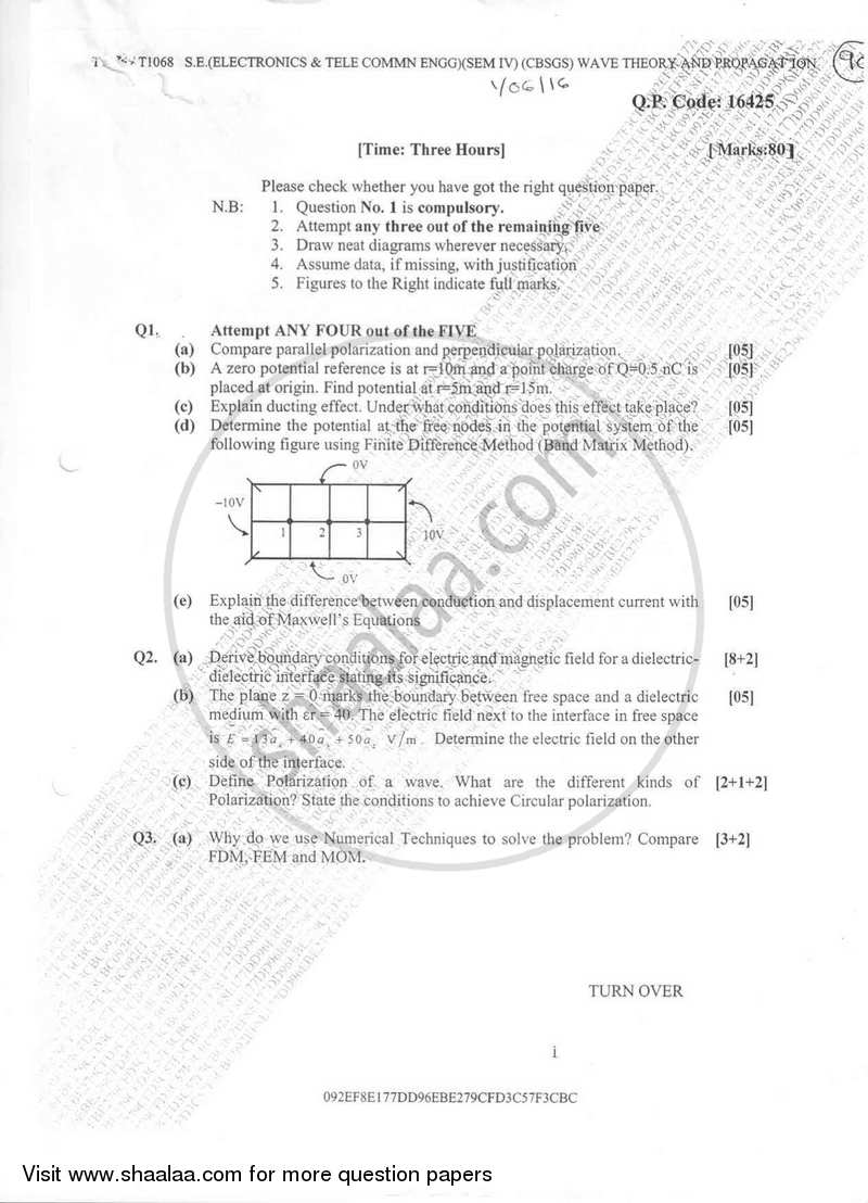 Wave Theory and Propagation 2016-2017 - B.E. - Semester 4 (SE Second Year) - University of Mumbai question paper with PDF download