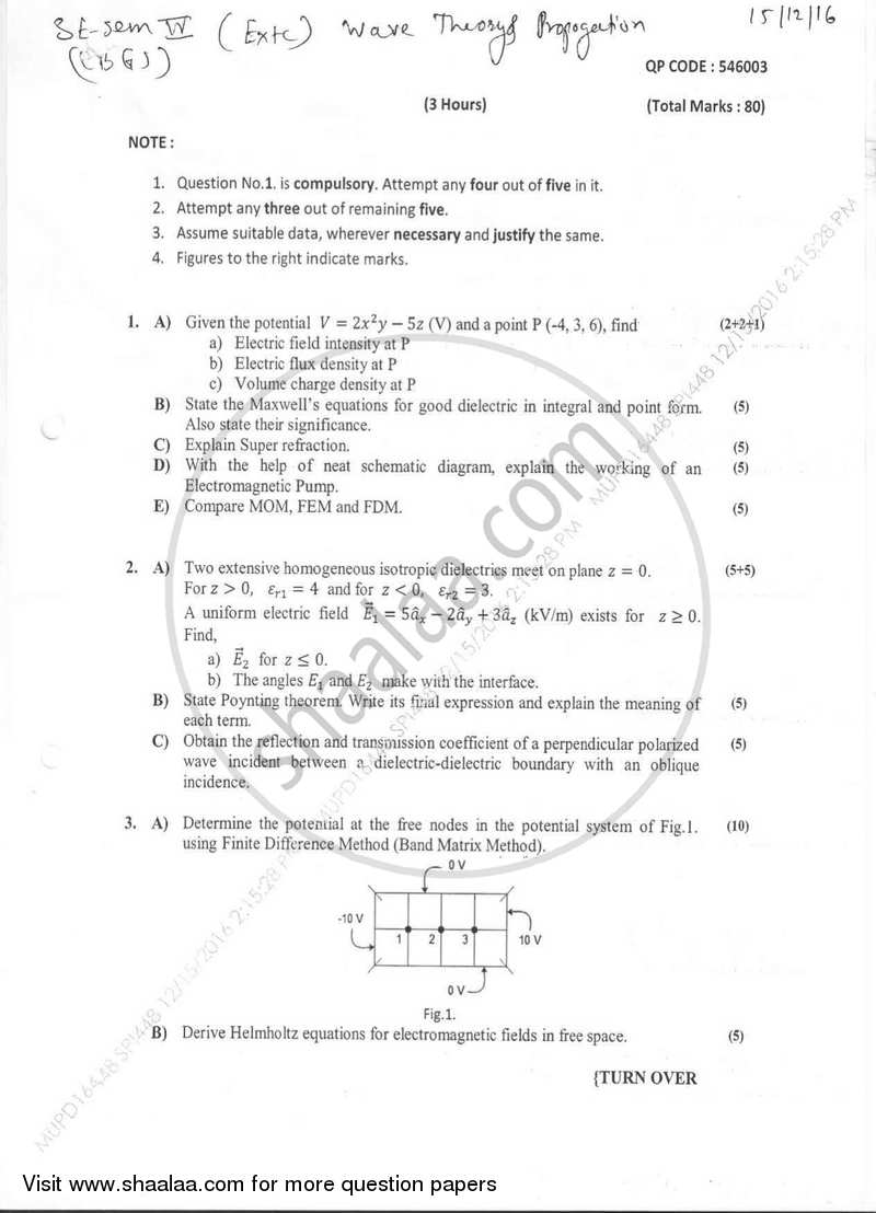 Wave Theory and Propagation 2016-2017 - B.E. - Semester 4 (SE Second Year) - University of Mumbai question paper with PDF download