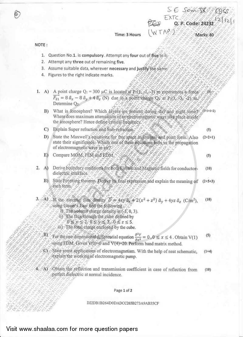 Wave Theory and Propagation 2017-2018 - B.E. - Semester 4 (SE Second Year) - University of Mumbai question paper with PDF download