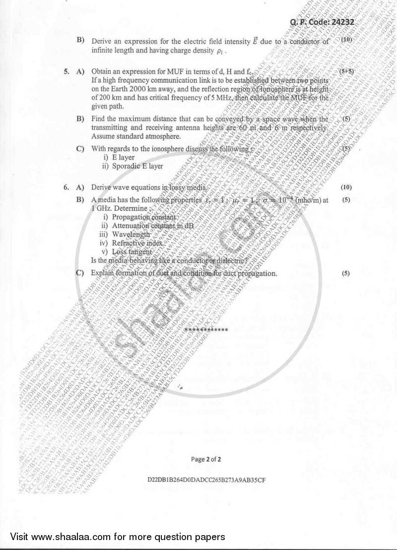 Wave Theory and Propagation 2017-2018 - B.E. - Semester 4 (SE Second Year) - University of Mumbai question paper with PDF download