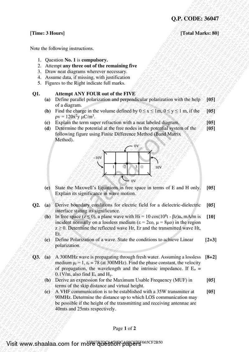 Wave Theory and Propagation 2017-2018 - B.E. - Semester 4 (SE Second Year) - University of Mumbai question paper with PDF download