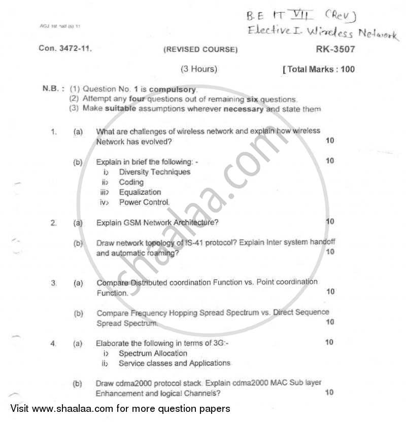 Wireless Network 2010-2011 - B.E. - Semester 7 (BE Fourth Year) - University of Mumbai question paper with PDF download