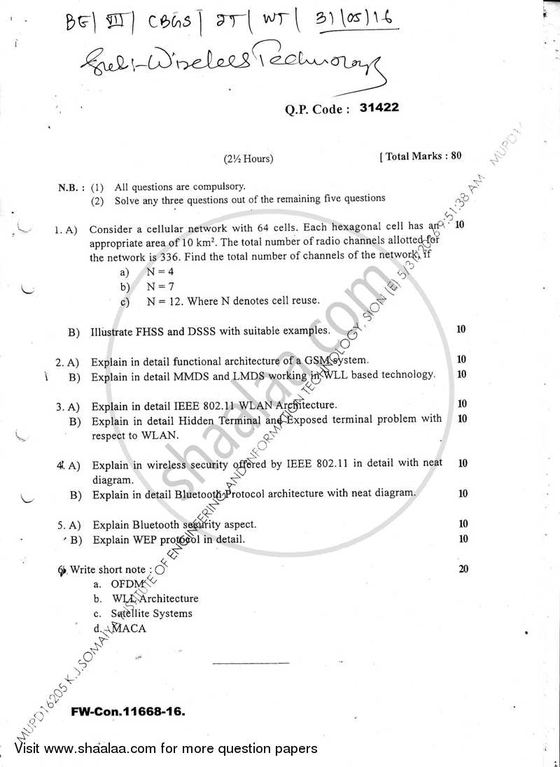 Wireless Network 2015-2016 - B.E. - Semester 7 (BE Fourth Year) - University of Mumbai question paper with PDF download