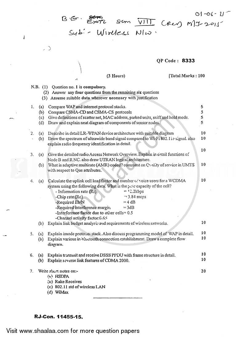 Wireless Network 2014-2015 - B.E. - Semester 8 (BE Fourth Year) - University of Mumbai question paper with PDF download