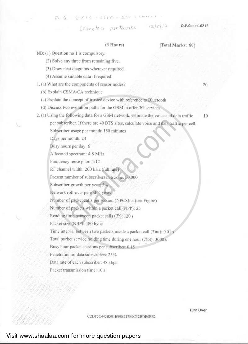 Wireless Network 2016-2017 - B.E. - Semester 8 (BE Fourth Year) - University of Mumbai question paper with PDF download