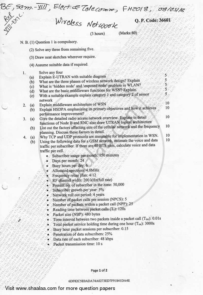 Wireless Network 2017-2018 - B.E. - Semester 8 (BE Fourth Year) - University of Mumbai question paper with PDF download