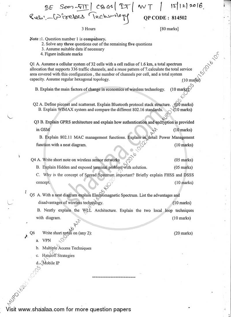 Wireless Technology 2016-2017 - B.E. - Semester 7 (BE Fourth Year) - University of Mumbai question paper with PDF download