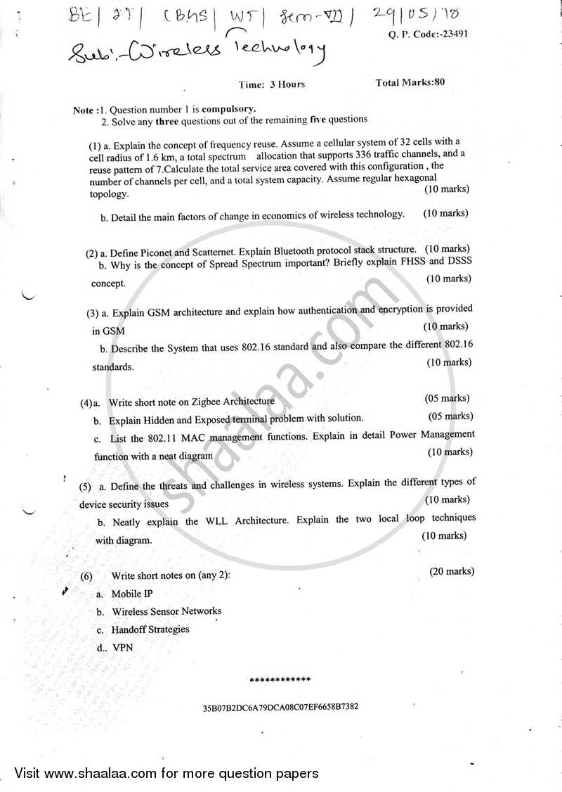 Wireless Technology 2017-2018 - B.E. - Semester 7 (BE Fourth Year) - University of Mumbai question paper with PDF download