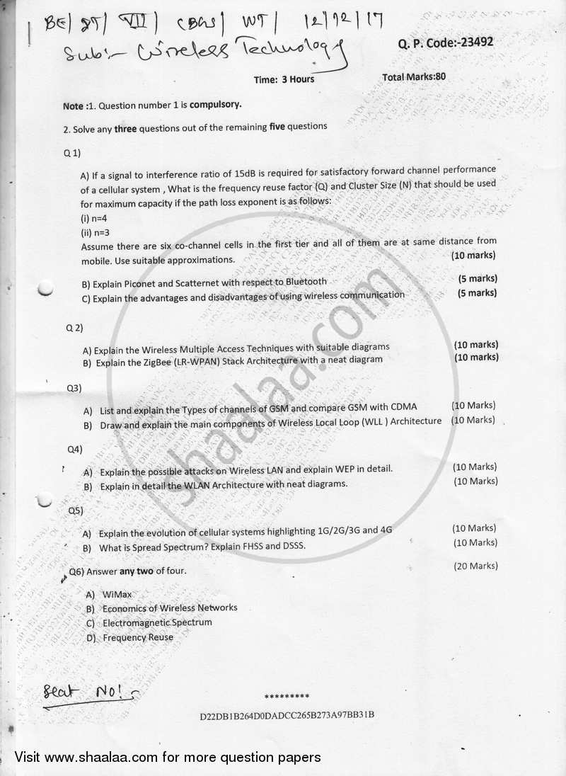 Wireless Technology 2017-2018 - B.E. - Semester 7 (BE Fourth Year) - University of Mumbai question paper with PDF download