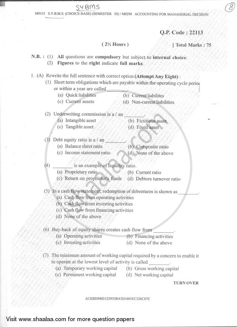 Accounting for Managerial Decisions 2017-2018 - B.M.S - Semester 3 - University of Mumbai question paper with PDF download