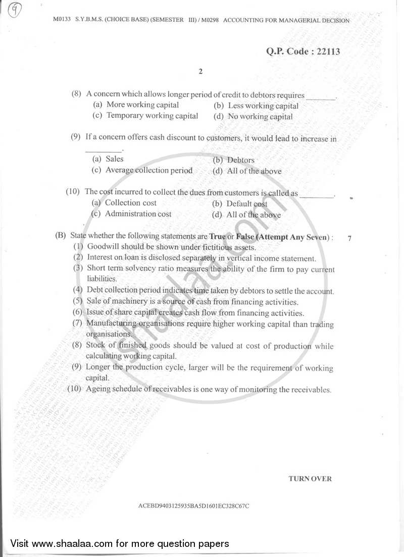 Accounting for Managerial Decisions 2017-2018 - B.M.S - Semester 3 - University of Mumbai question paper with PDF download