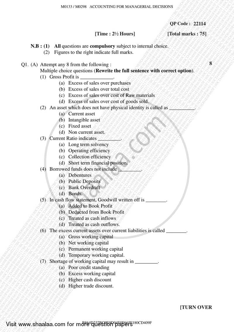Accounting for Managerial Decisions 2017-2018 - B.M.S - Semester 3 - University of Mumbai question paper with PDF download