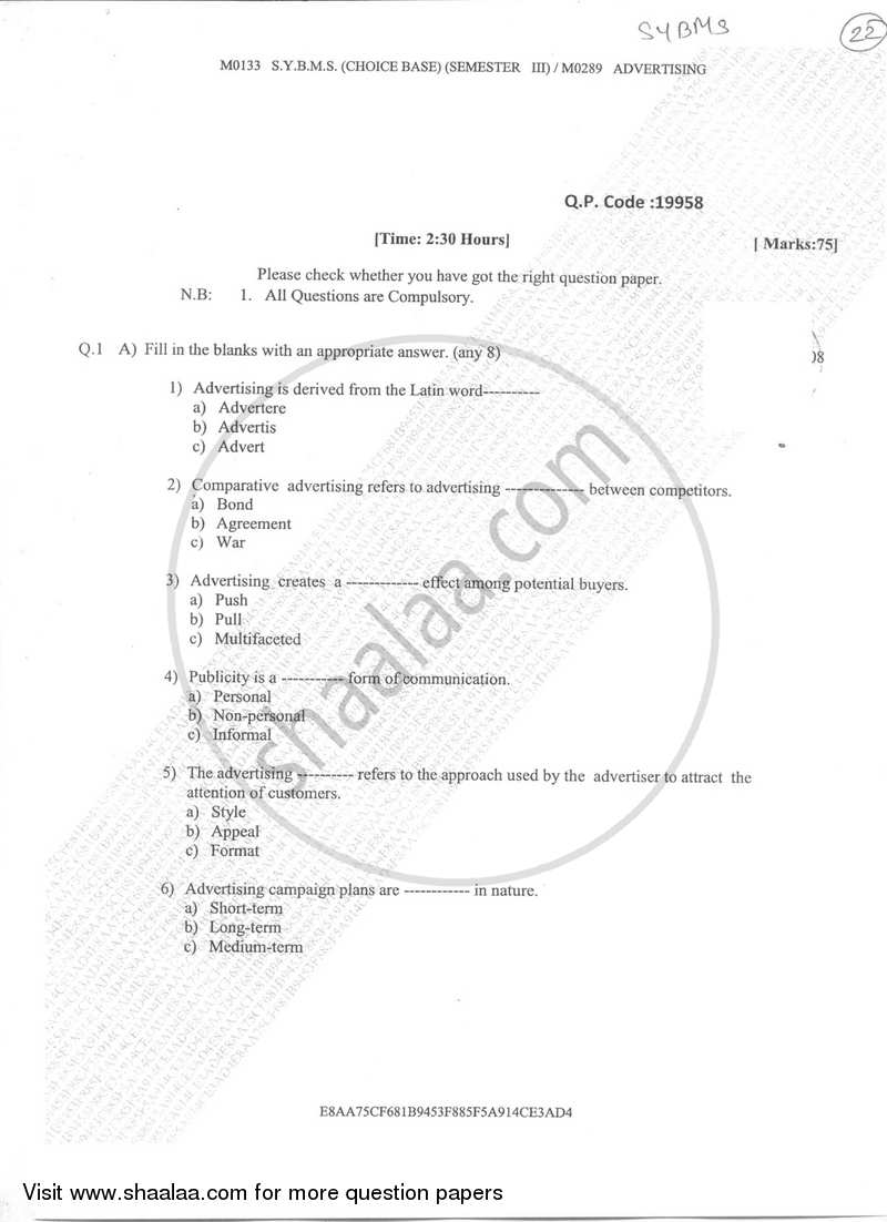 Advertising 2017-2018 - B.M.S - Semester 3 - University of Mumbai question paper with PDF download