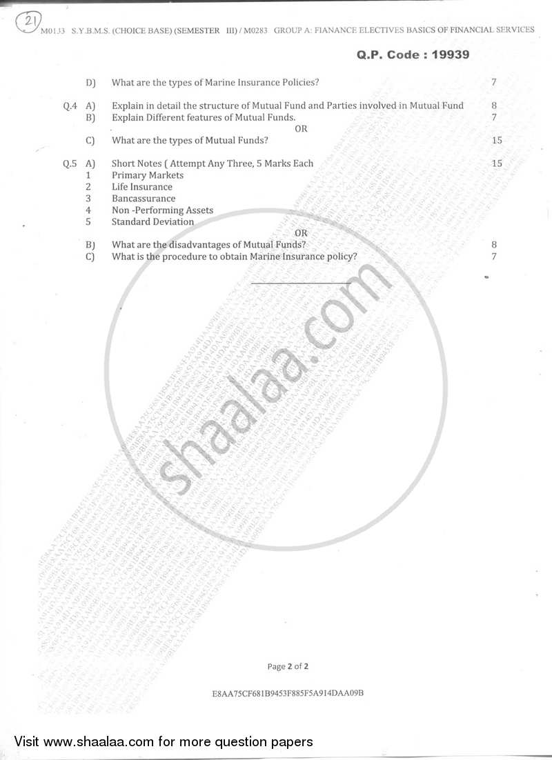 Basics of Financial Services 2017-2018 - B.M.S - Semester 3 - University of Mumbai question paper with PDF download