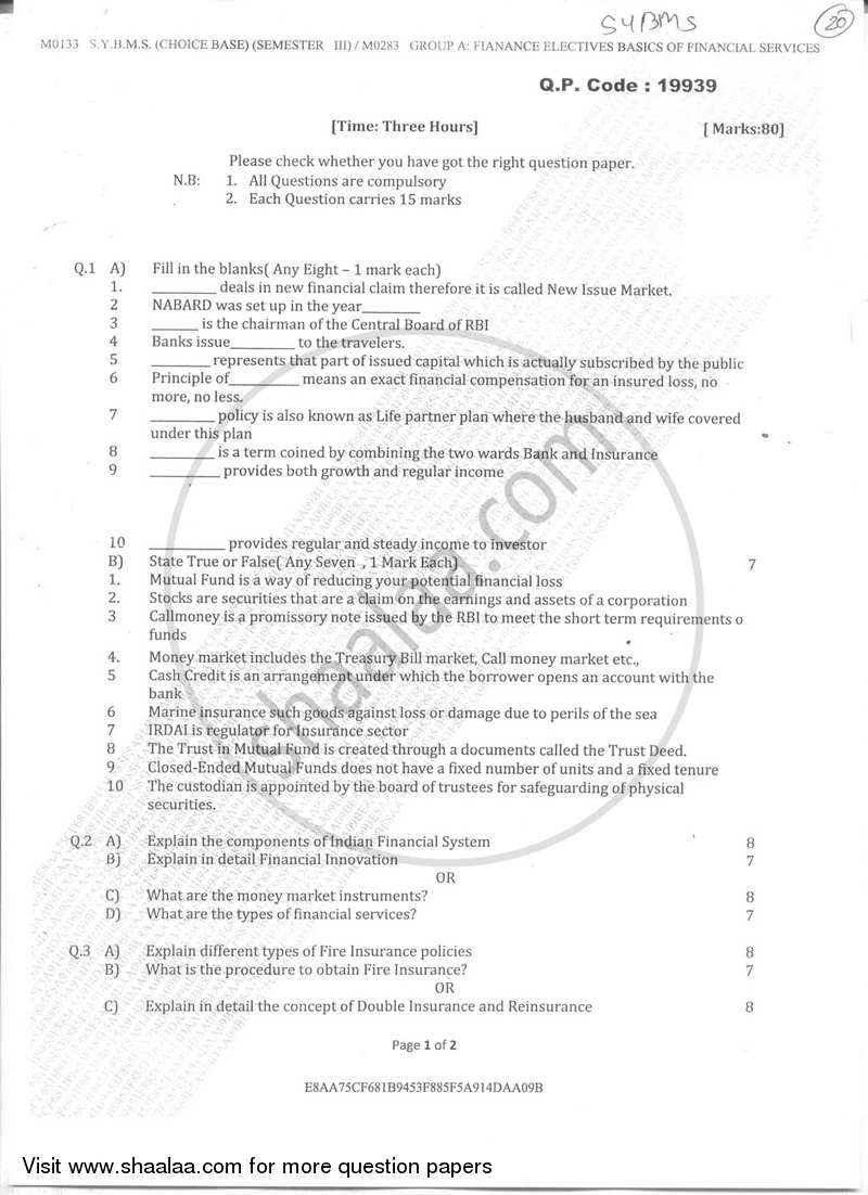 Basics of Financial Services 2017-2018 - B.M.S - Semester 3 - University of Mumbai question paper with PDF download