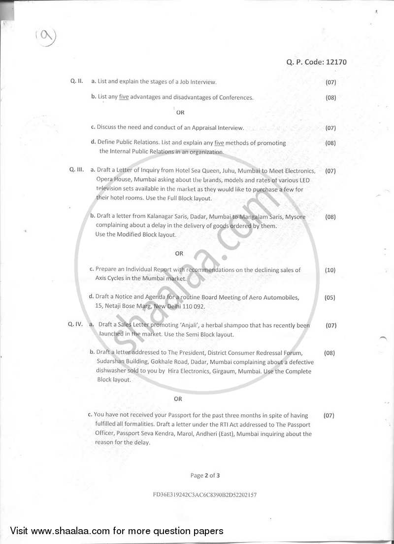 Business Communication 2 2017-2018 - B.M.S - Semester 2 - University of Mumbai question paper with PDF download