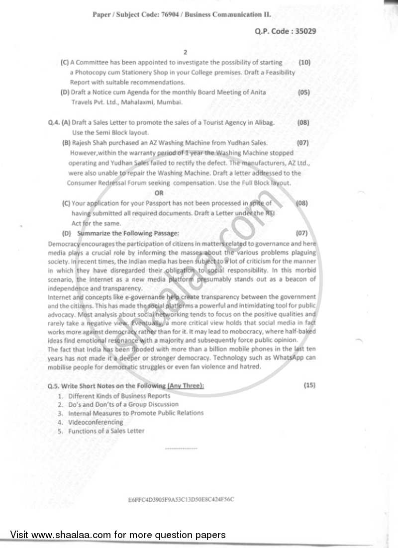 Business Communication 2 2018-2019 - B.M.S - Semester 2 - University of Mumbai question paper with PDF download