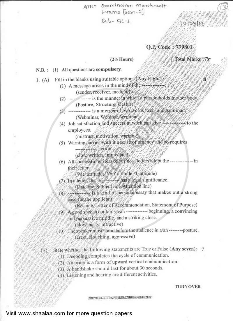 Business Communication 2016-2017 - B.M.S - Semester 1 - University of Mumbai question paper with PDF download