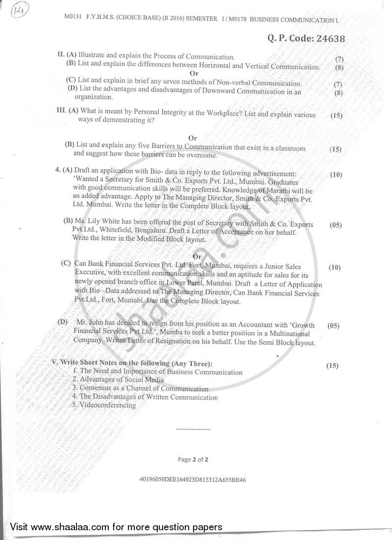 Business Communication 2017-2018 - B.M.S - Semester 1 - University of Mumbai question paper with PDF download