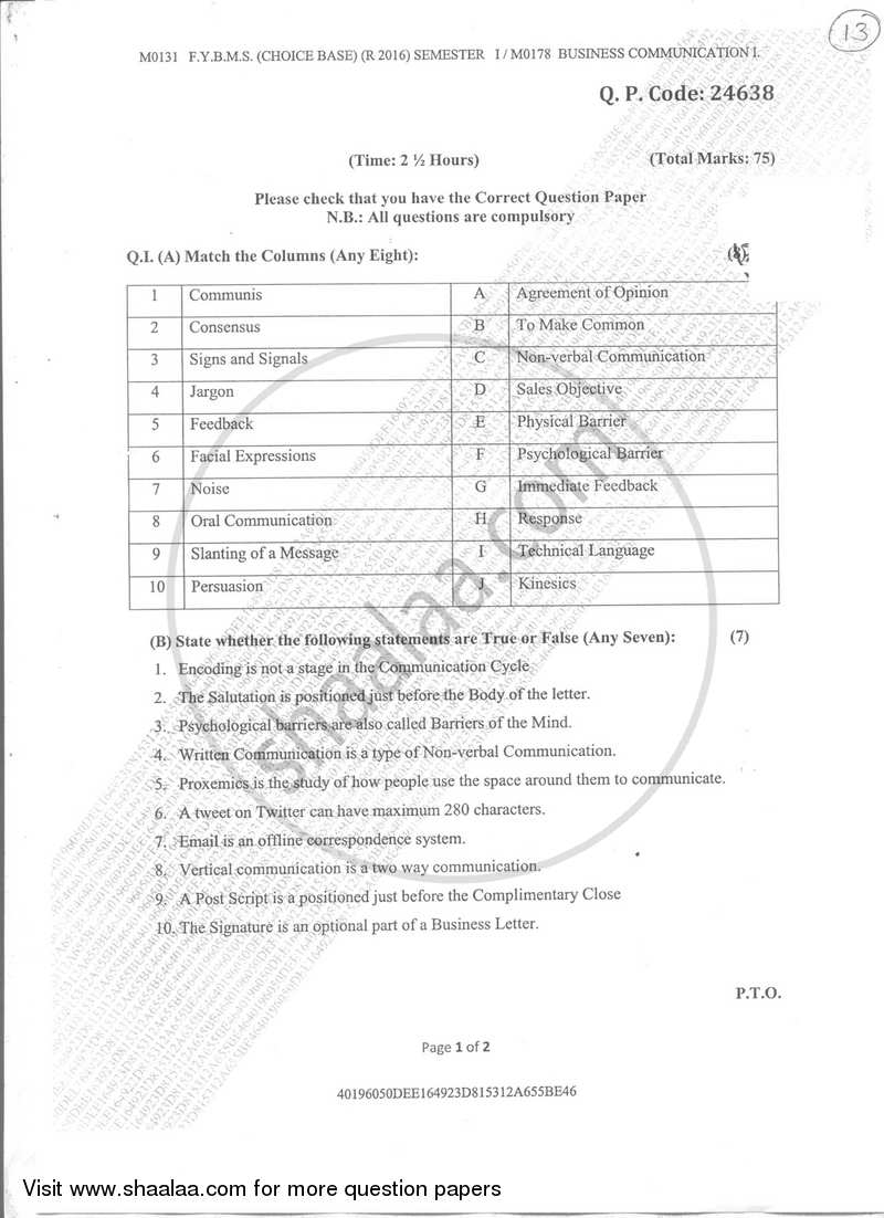 Business Communication 2017-2018 - B.M.S - Semester 1 - University of Mumbai question paper with PDF download