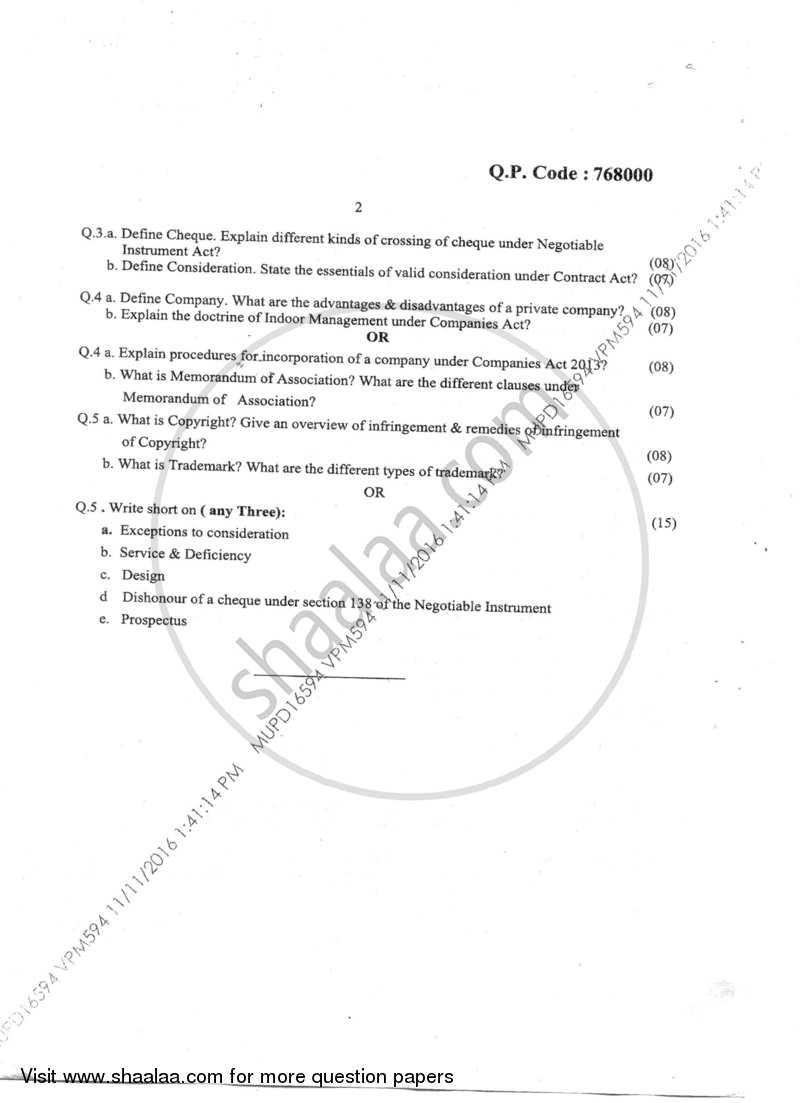 Business Law 2016-2017 - B.M.S - Semester 1 - University of Mumbai question paper with PDF download