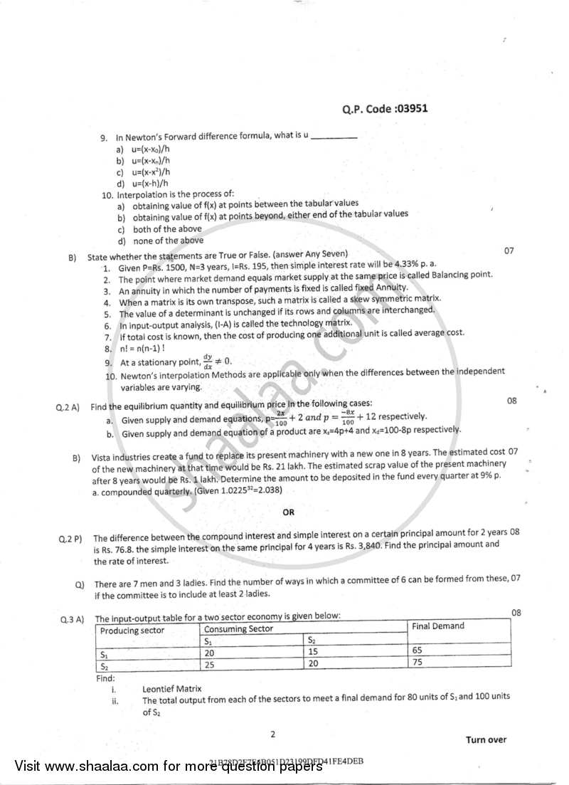 Business Mathematics 2016-2017 - B.M.S - Semester 2 - University of Mumbai question paper with PDF download