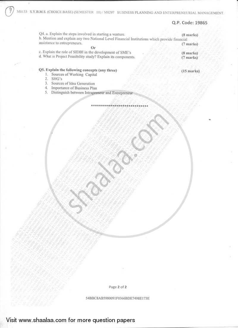 Business Planning and Entrepreneurship Management 2017-2018 - B.M.S - Semester 3 - University of Mumbai question paper with PDF download