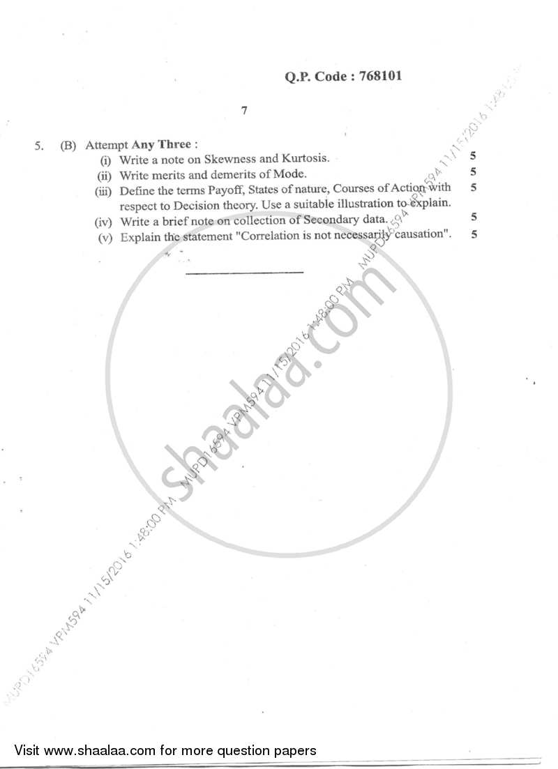 Business Statistics 2016-2017 - B.M.S - Semester 1 - University of Mumbai question paper with PDF download