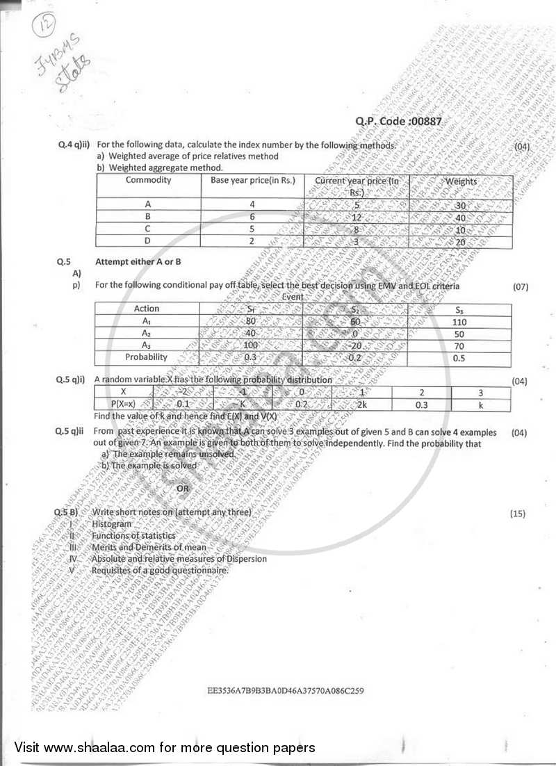 Business Statistics 2016-2017 - B.M.S - Semester 1 - University of Mumbai question paper with PDF download