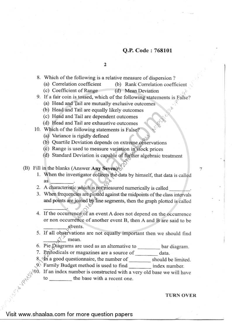 Business Statistics 2016-2017 - B.M.S - Semester 1 - University of Mumbai question paper with PDF download