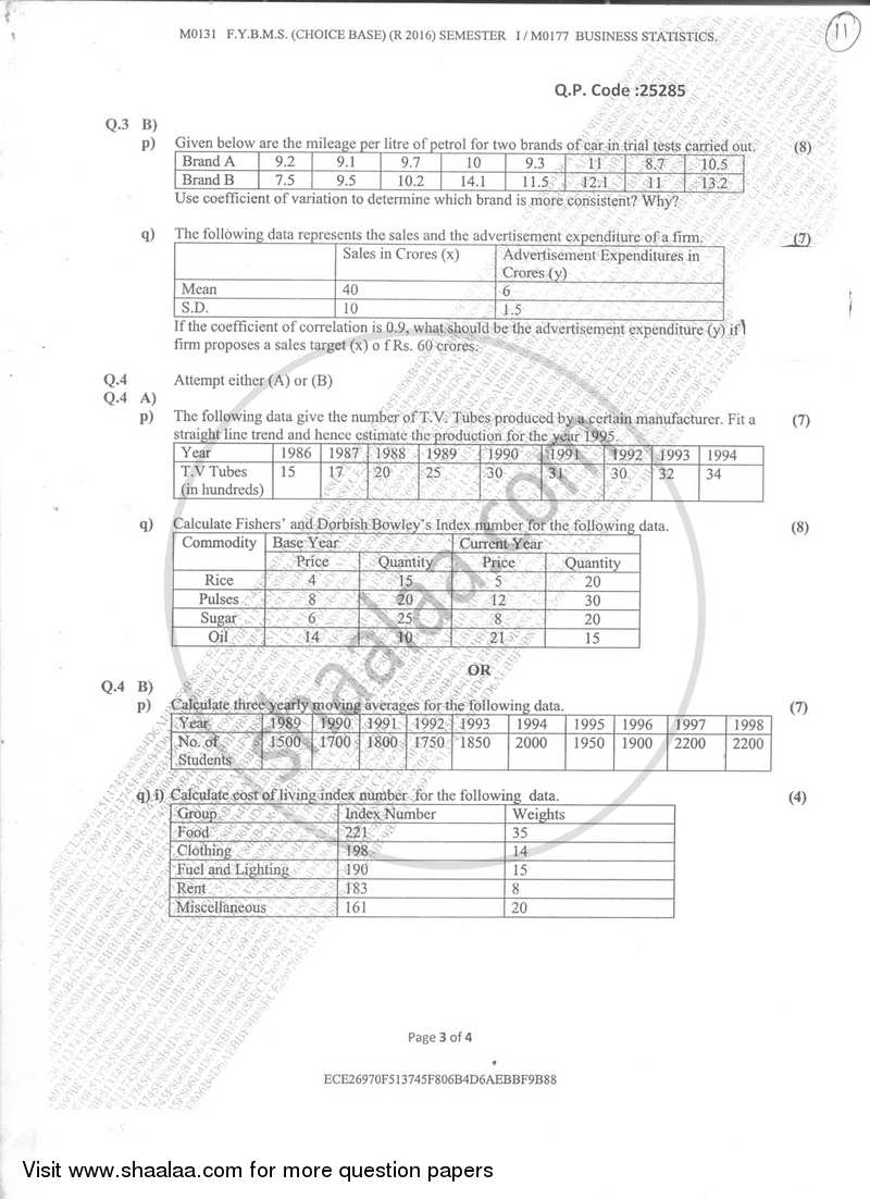 Business Statistics 2017-2018 - B.M.S - Semester 1 - University of Mumbai question paper with PDF download