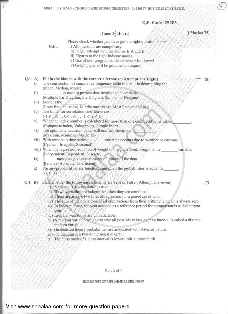 Business Statistics 2017-2018 - B.M.S - Semester 1 - University of Mumbai question paper with PDF download