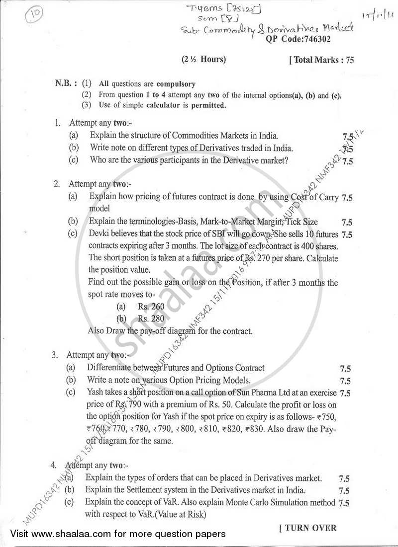 Commodity and Derivatives Market 2016-2017 - B.M.S - Semester 5 - University of Mumbai question paper with PDF download